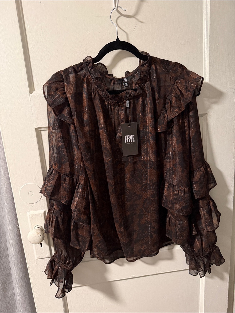 FRYE Chicory Coffee Combo Floral Ruffle Sleeve Blouse Brown Black XL NWT Romanti